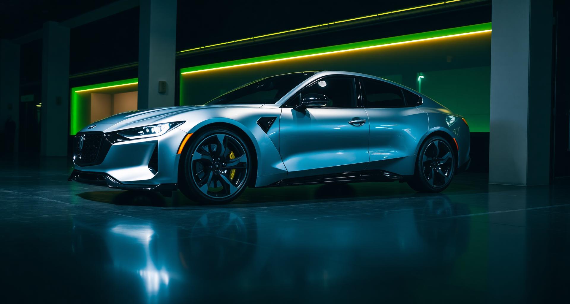 Sleek silver sports sedan in the Velocity showroom