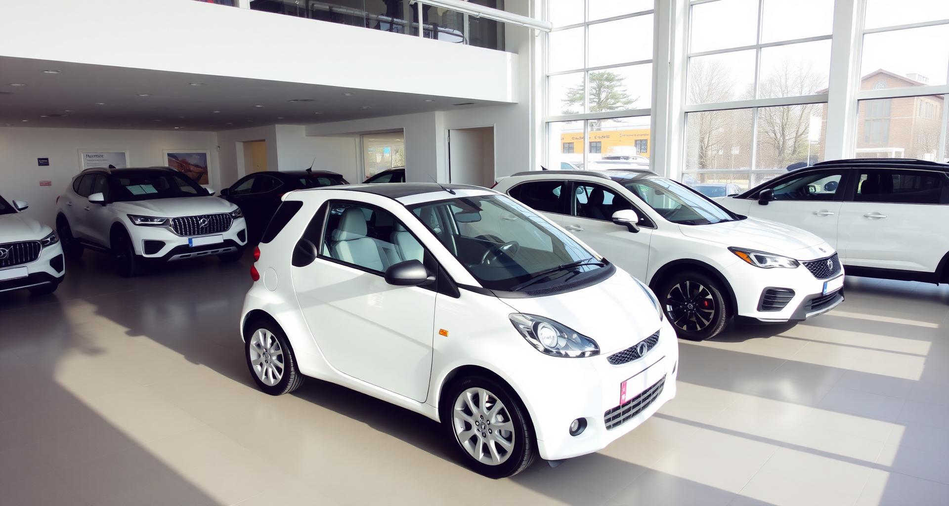 Compact white city car in a bright modern dealership