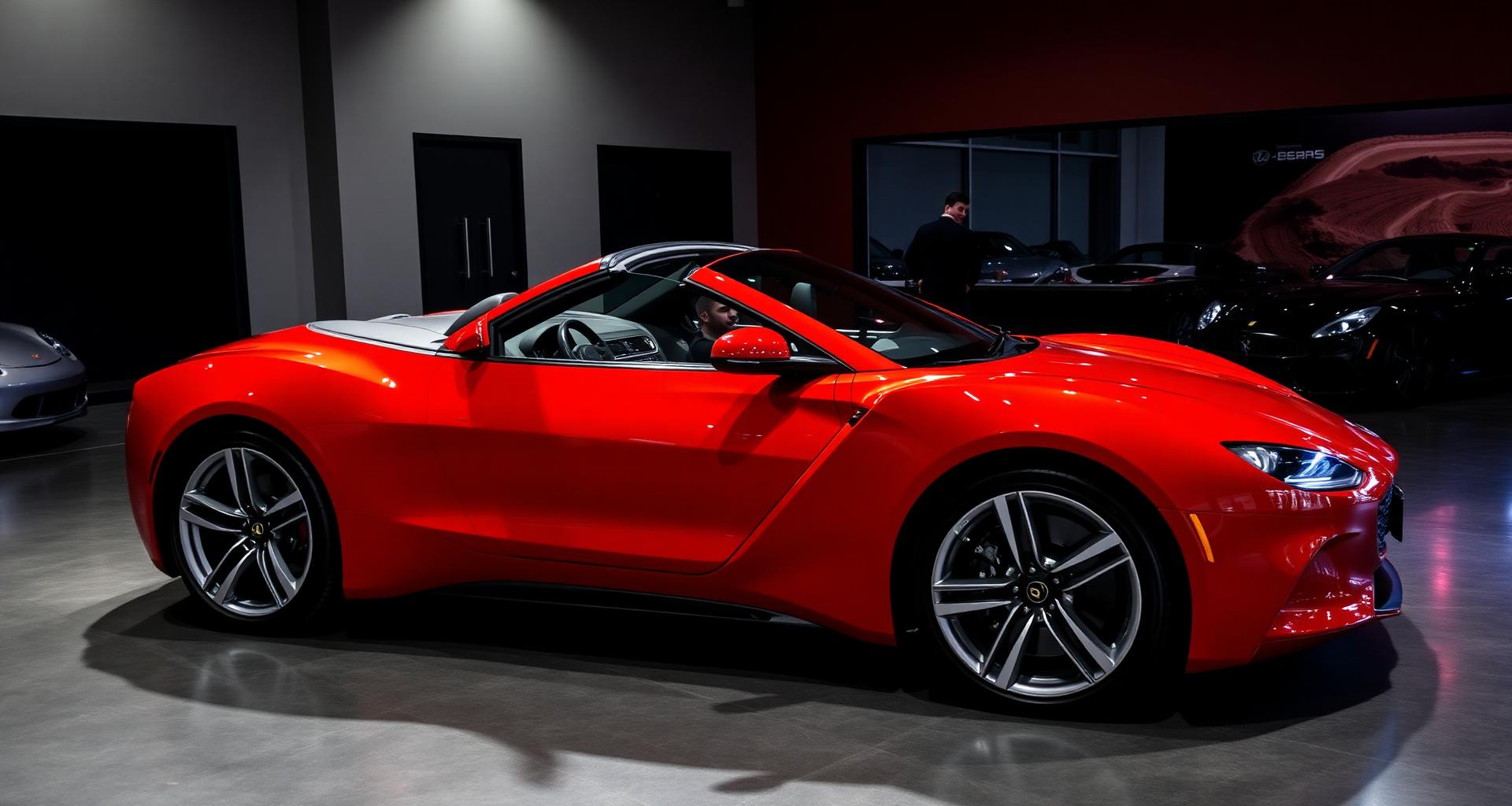 Sleek red convertible sports car in a premium showroom