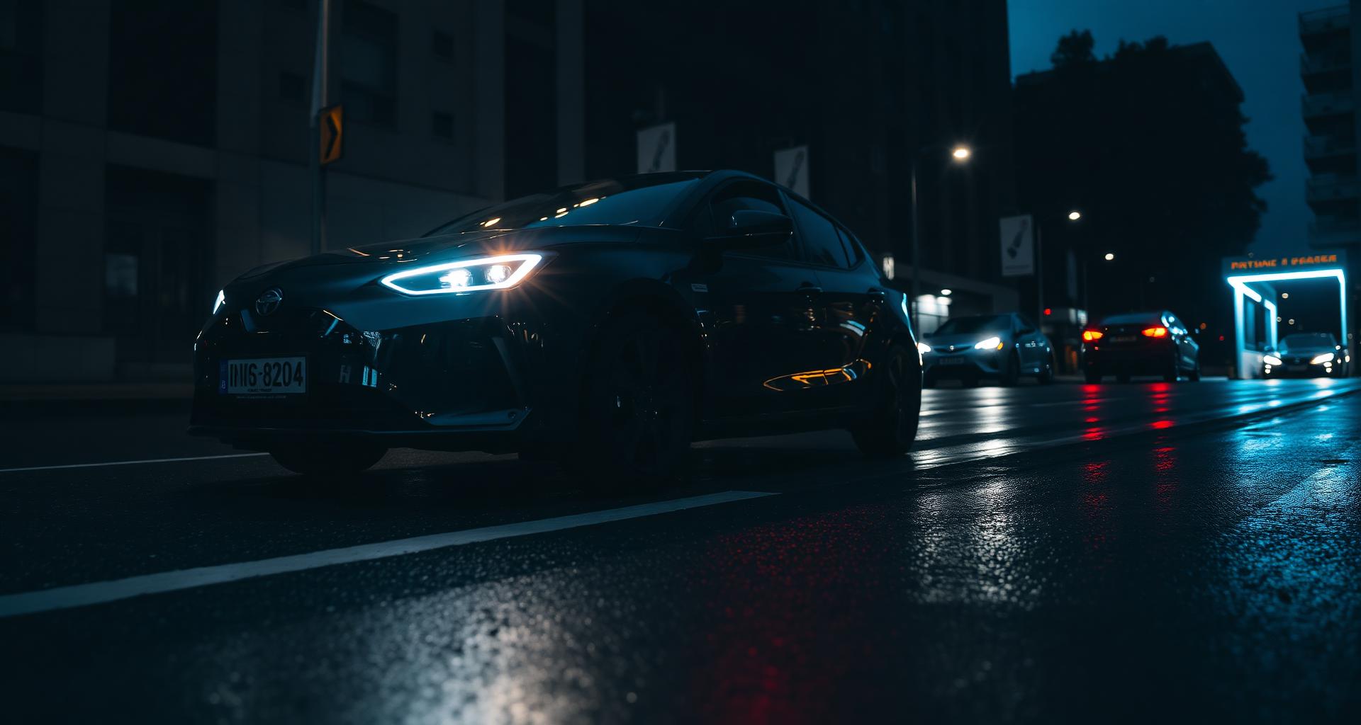 Modern electric hatchback on a wet city street at dusk