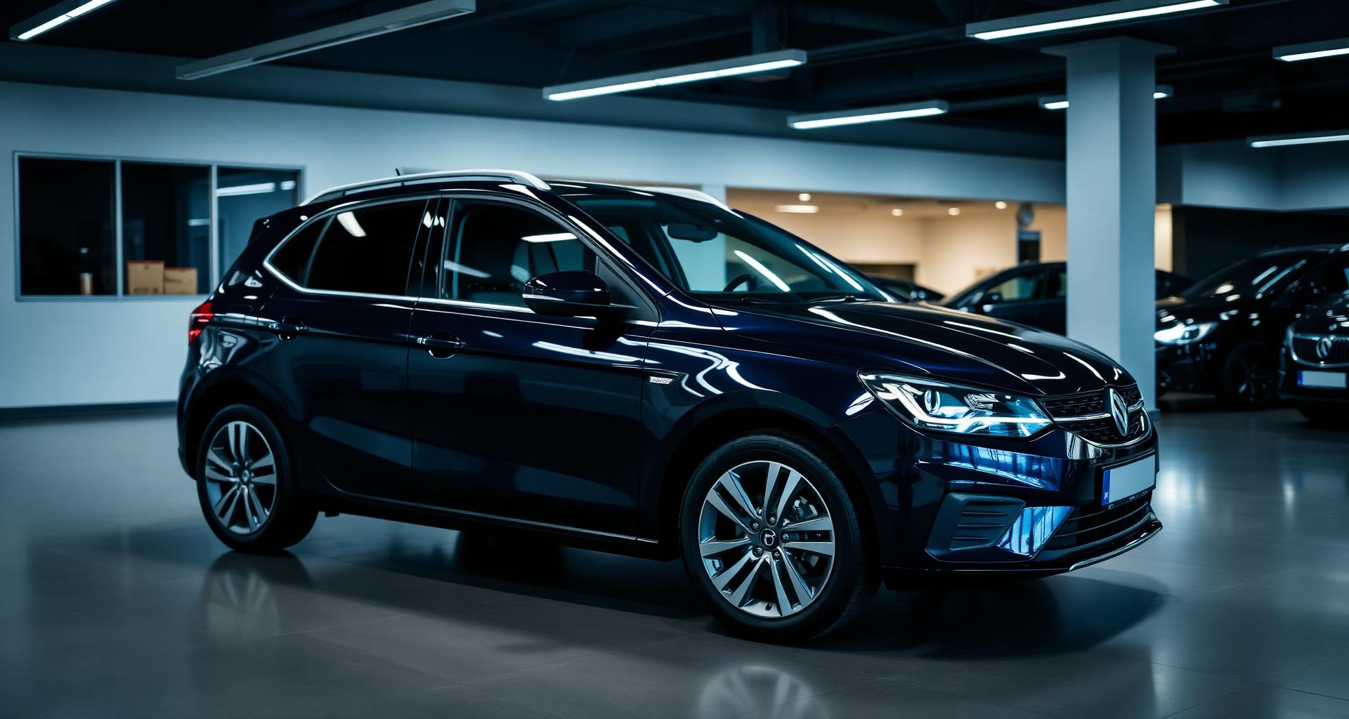 Polished dark blue family hatchback in a modern showroom