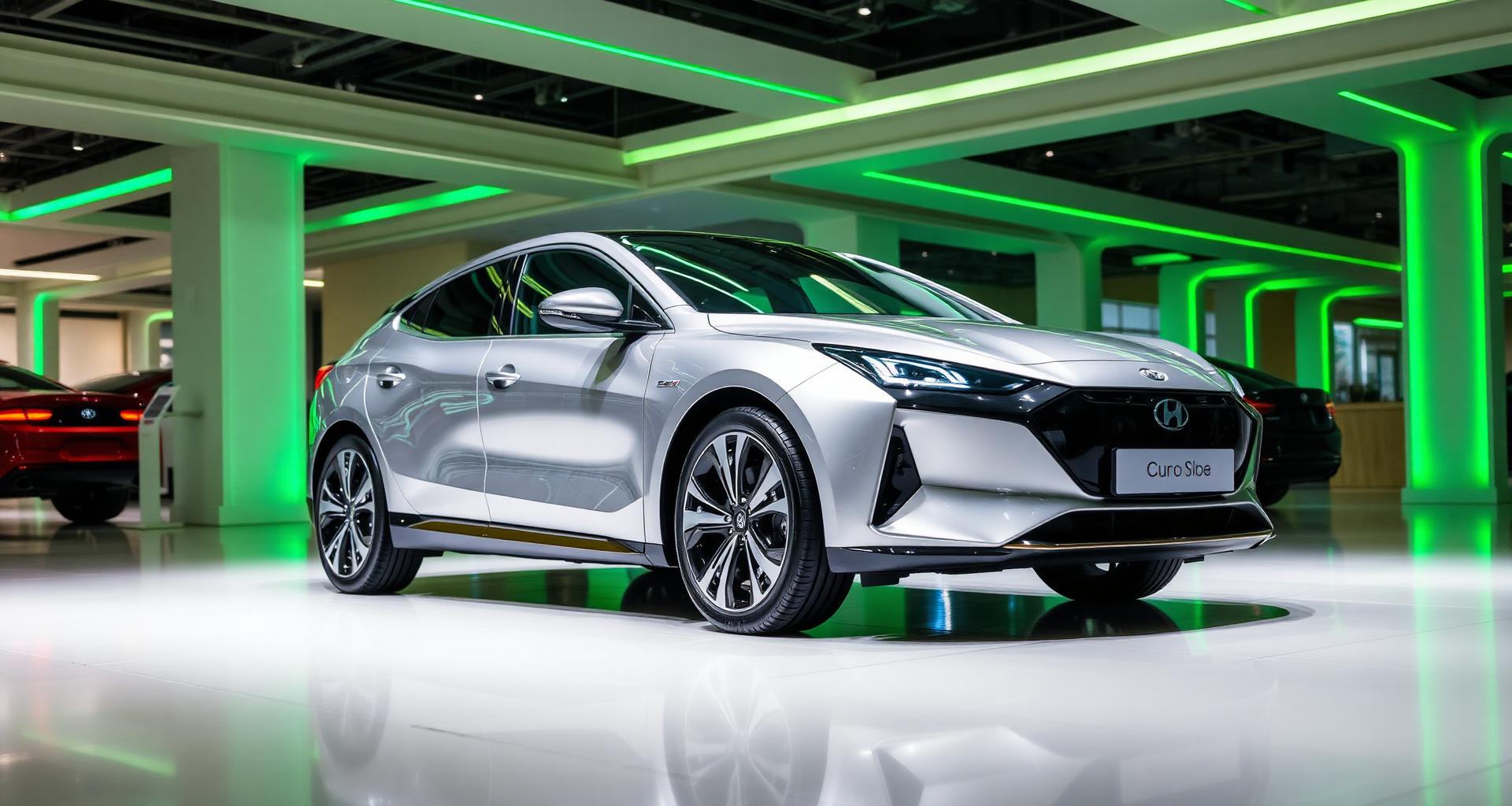 Modern silver hybrid car on a sleek showroom floor