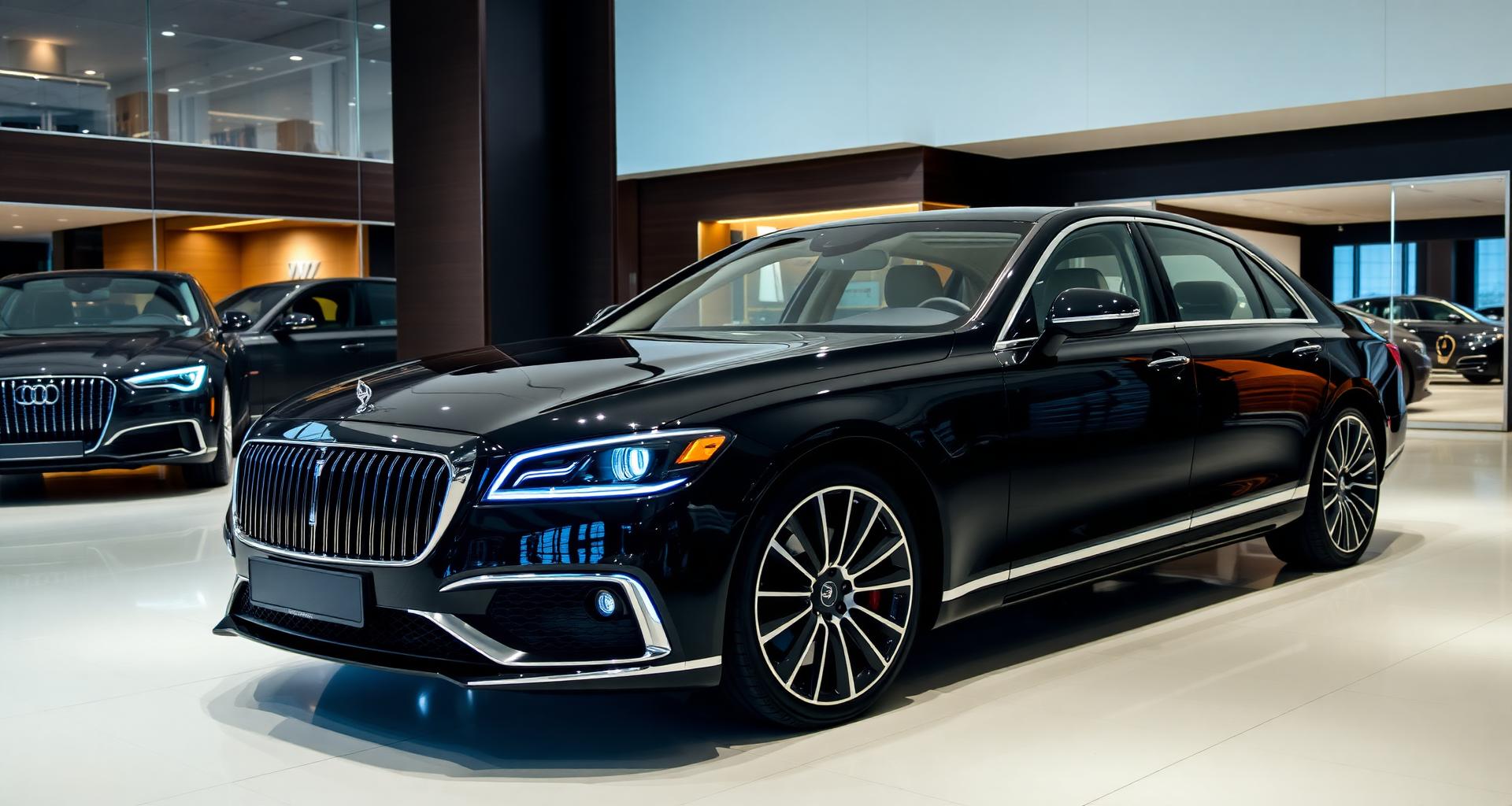 Prestigious black luxury saloon in a high-end dealership