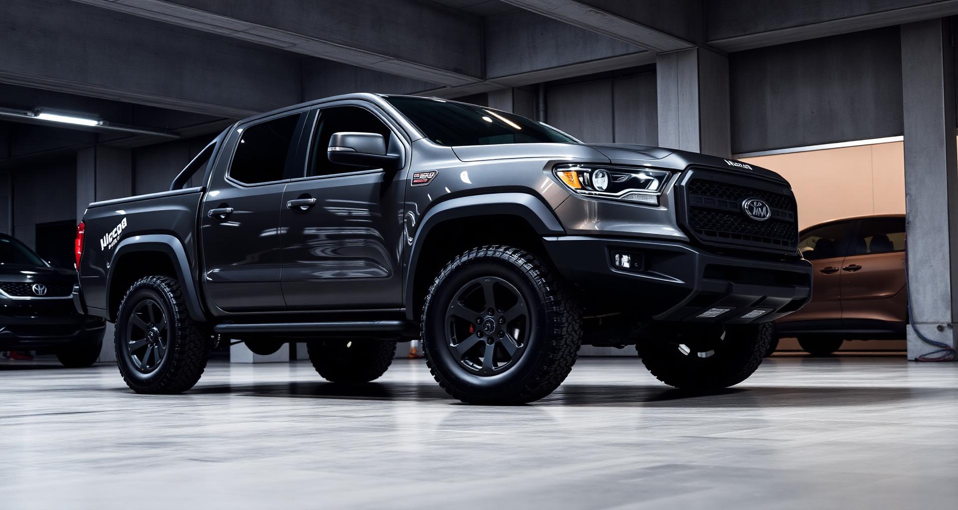 Rugged dark grey pickup truck in a modern showroom